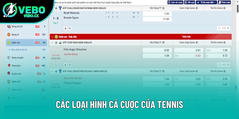 Các loại hình cá cược quần vợt theo trận Các loại hình cá cược quần vợt theo trận